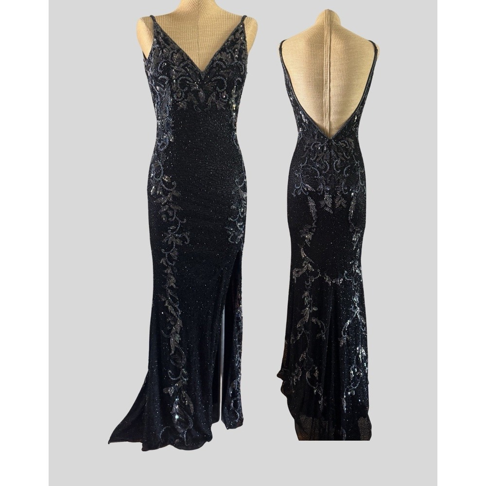 Primavera Black Sequin Beaded V Neck Low Back Formal Gown Dress Sz 0 - Runs Big